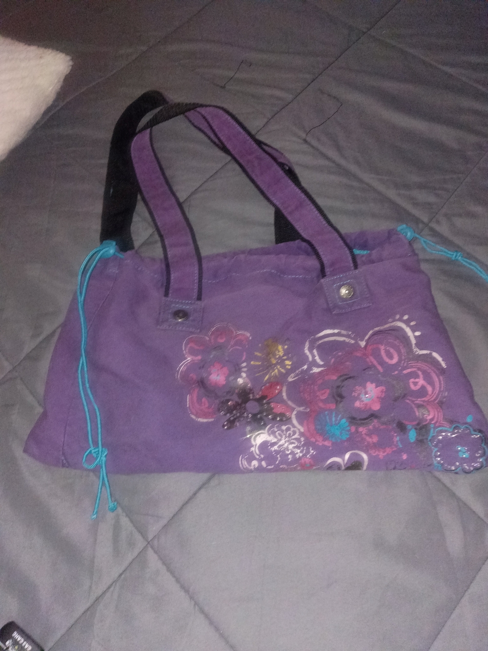 lei Purple Floral Shoulder Tote with Teal Drawstrings